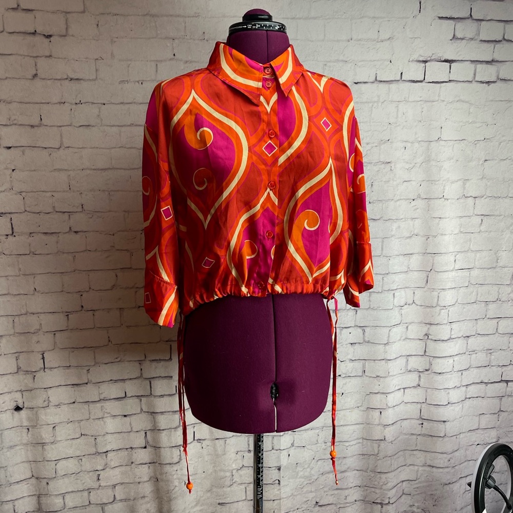 Zara size large orange and pink short sleeve button down shirt